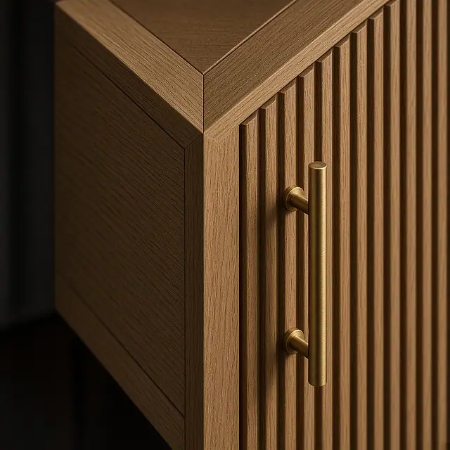 Détail d'un meuble en chêne cannelé avec poignée en laiton
