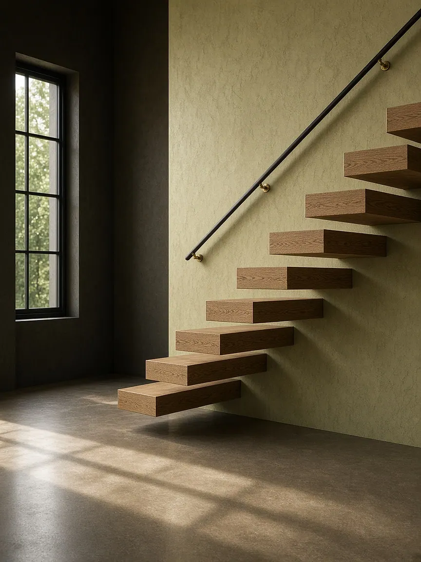Escalier suspendu en chêne massif, réalisation sur mesure